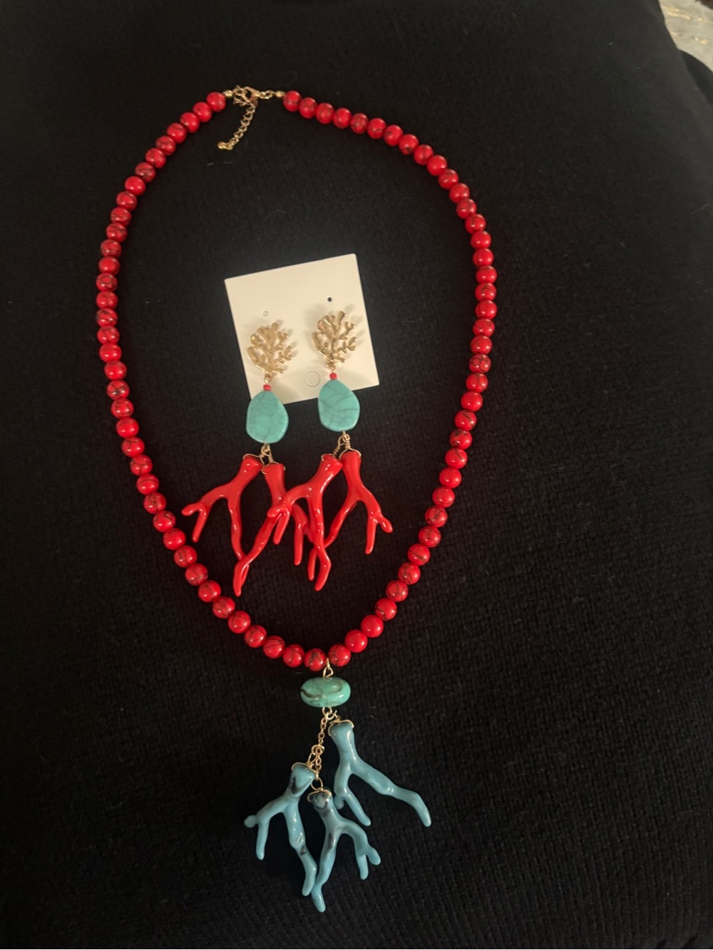 Red Beaded Necklace with Turquoise Coral Pendant and Matching Earrings